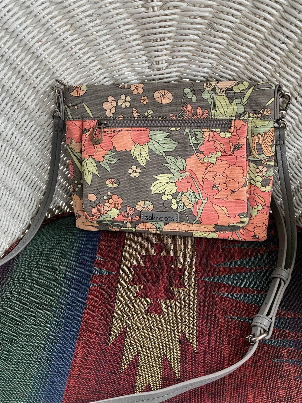 Sakroots Coral Floral Crossbody with Gray Accents